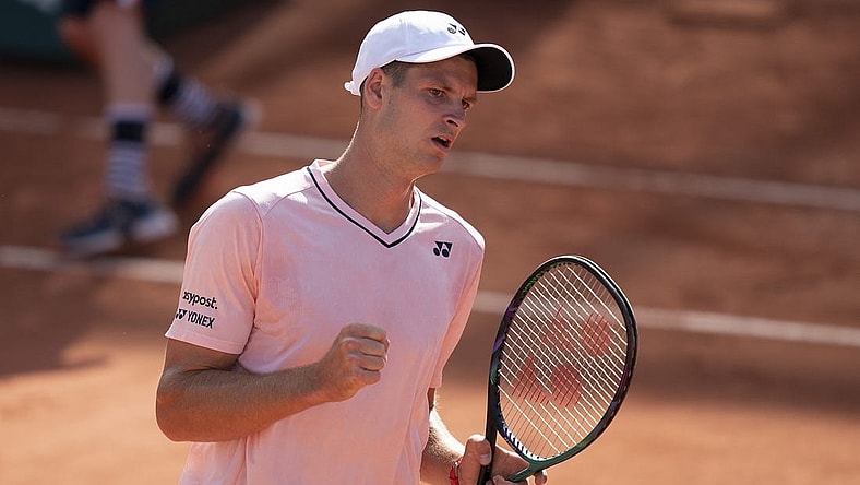 May 28, 2022; Paris, France; Hubert Hurkacz (POL) reacts to winning the second set in his match against David Goffin (BEL) on day seven of the French Open at Stade Roland-Garros. Mandatory Credit: Susan Mullane-USA TODAY Sports