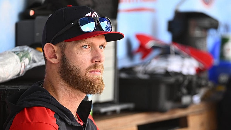 May 28, 2022; Washington, District of Columbia, USA; Washington Nationals pitcher   Stephen Strasburg in the dugout against the Colorado Rockies during the second inning at Nationals Park. Mandatory Credit: Brad Mills-USA TODAY Sports