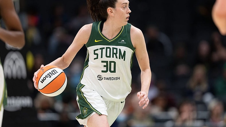 May 29, 2022; Seattle, Washington, USA; Seattle Storm forward Breanna Stewart (30) dribbles the ball against the New York Liberty at Climate Pledge Arena. Mandatory Credit: Stephen Brashear-USA TODAY Sports