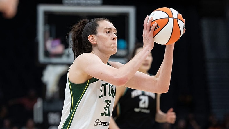 May 29, 2022; Seattle, Washington, USA; Seattle Storm forward Breanna Stewart (30) shoots the ball against the New York Liberty at Climate Pledge Arena. Mandatory Credit: Stephen Brashear-USA TODAY Sports