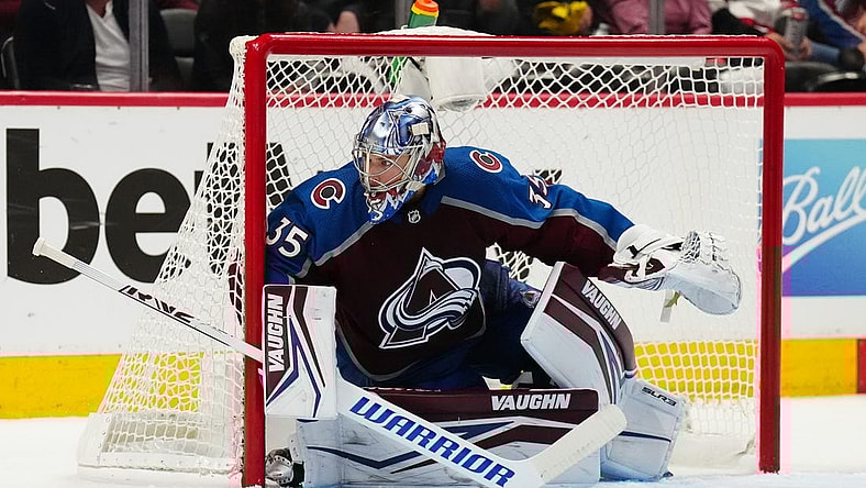 May 31, 2022; Denver, Colorado, USA; Colorado Avalanche goaltender Darcy Kuemper (35) defends the net against the Edmonton Oilers in the first period in game one of the Western Conference Final of the 2022 Stanley Cup Playoffs at Ball Arena. Mandatory Credit: Ron Chenoy-USA TODAY Sports