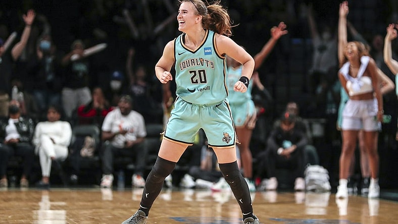 Jun 1, 2022; Brooklyn, New York, USA; New York Liberty guard Sabrina Ionescu (20) celebrate after the Indiana Fever call timeout in the fourth quarter at Barclays Center. Mandatory Credit: Wendell Cruz-USA TODAY Sports