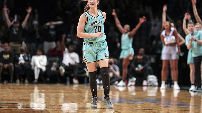 Jun 1, 2022; Brooklyn, New York, USA; New York Liberty guard Sabrina Ionescu (20) celebrate after the Indiana Fever call timeout in the fourth quarter at Barclays Center. Mandatory Credit: Wendell Cruz-USA TODAY Sports