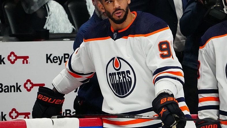 Jun 2, 2022; Denver, Colorado, USA; Edmonton Oilers left wing Evander Kane (91) warms up before the game against the Colorado Avalanche in game two of the Western Conference Final of the 2022 Stanley Cup Playoffs at Ball Arena. Mandatory Credit: Ron Chenoy-USA TODAY Sports