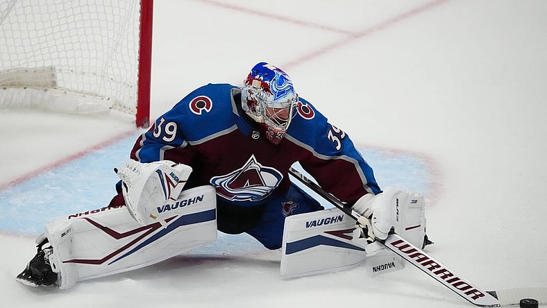 Jun 2, 2022; Denver, Colorado, USA; Colorado Avalanche goaltender Pavel Francouz (39) makes a stick save in the second period against the Edmonton Oilers of game two of the Western Conference Final of the 2022 Stanley Cup Playoffs at Ball Arena. Mandatory Credit: Ron Chenoy-USA TODAY Sports