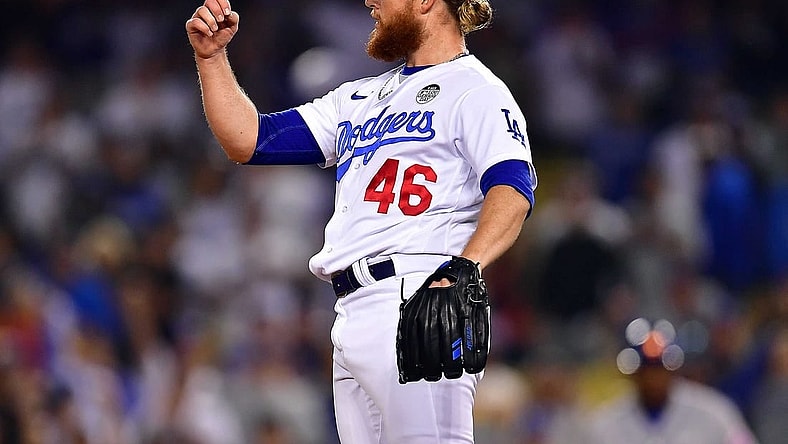 June 2, 2022; Los Angeles, California, USA; Los Angeles Dodgers relief pitcher Craig Kimbrel (46) celebrates the victory against the New York Mets at Dodger Stadium. Mandatory Credit: Gary A. Vasquez-USA TODAY Sports