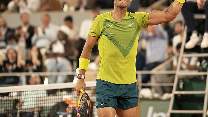 June 3, 2022; Paris, France; Rafael Nadal (ESP) reacts to a point during his semifinal match against Alexander Zverev (GER) on day 13 of the French Open at Stade Roland-Garros. Mandatory Credit: Susan Mullane-USA TODAY Sports
