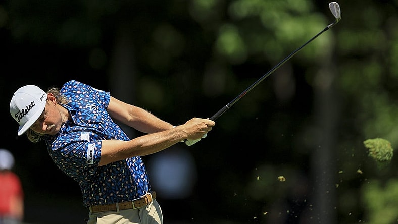 Jun 3, 2022; Dublin, Ohio, USA; Cameron Smith plays his shot from the ninth fairway during the second round of the Memorial Tournament. Mandatory Credit: Aaron Doster-USA TODAY Sports