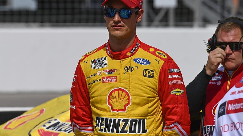 Jun 4, 2022; Madison, Illinois, USA; NASCAR Cup Series driver Joey Logano (22) looks on during Nascar Cup qualifying at World Wide Technology Raceway at Gateway. Mandatory Credit: Joe Puetz-USA TODAY Sports