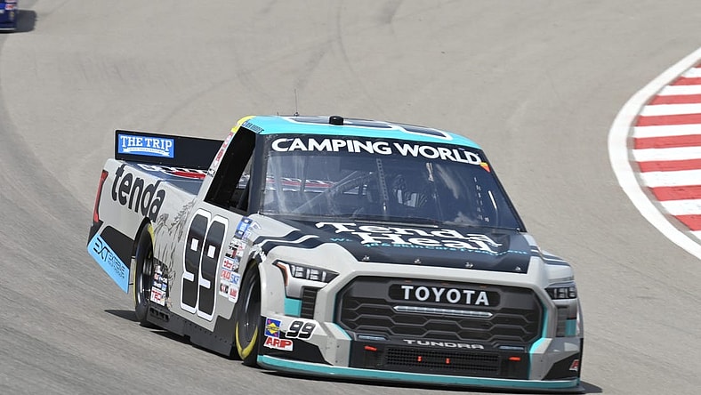Jun 4, 2022; Madison, Illinois, USA; Camping World Truck Series driver Ben Rhodes (99) races during the 9th Annual Toyota 200 at World Wide Technology Raceway at Gateway. Mandatory Credit: Joe Puetz-USA TODAY Sports