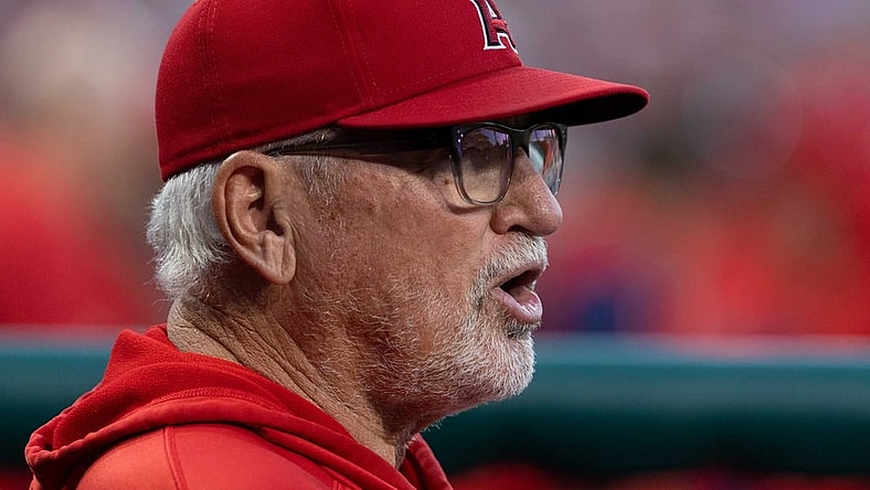 Jun 4, 2022; Philadelphia, Pennsylvania, USA; Los Angeles Angels manager Joe Maddon looks on during the second inning against the Philadelphia Phillies at Citizens Bank Park. Mandatory Credit: Bill Streicher-USA TODAY Sports