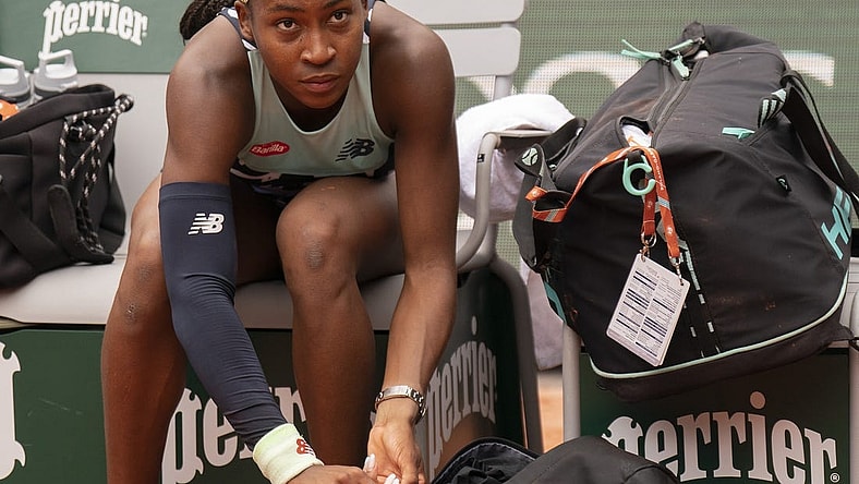 June 5, 2022; Paris, France;  Coco Gauff (USA) after losing the women's doubles final with Jessica Pegula (USA) to Caroline Garcia (FRA) and Kristina Mladenovic (FRA) on day 15 of the French Open at Stade Roland-Garros. Mandatory Credit: Susan Mullane-USA TODAY Sports