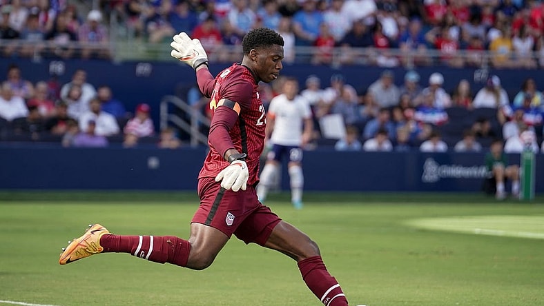Jun 5, 2022; Kansas City, Kansas, USA; USA goalkeeper Sean Johnson (25) puts the ball in play against the against Uruguay during an international friendly soccer match at Children's Mercy Park. Mandatory Credit: Denny Medley-USA TODAY Sports