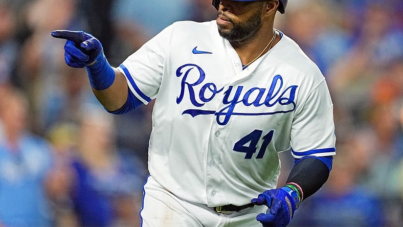 Jun 9, 2022; Kansas City, Missouri, USA; Kansas City Royals first baseman Carlos Santana (41) gestures to the dugout after hitting a home run against the Baltimore Orioles during the fifth inning at Kauffman Stadium. Mandatory Credit: Jay Biggerstaff-USA TODAY Sports
