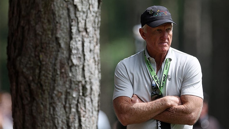 (EDITORS NOTE: photo is for use by U.S. and Canada customers only) June 10, 2022; St. Albans, UK;   LIV golf chief executive Greg Norman looks on during the second round of the inaugural LIV golf invitational golf tournament at the Centurion Club. Mandatory Credit: Paul Childs-Action Images/Reuters via USA TODAY Sports