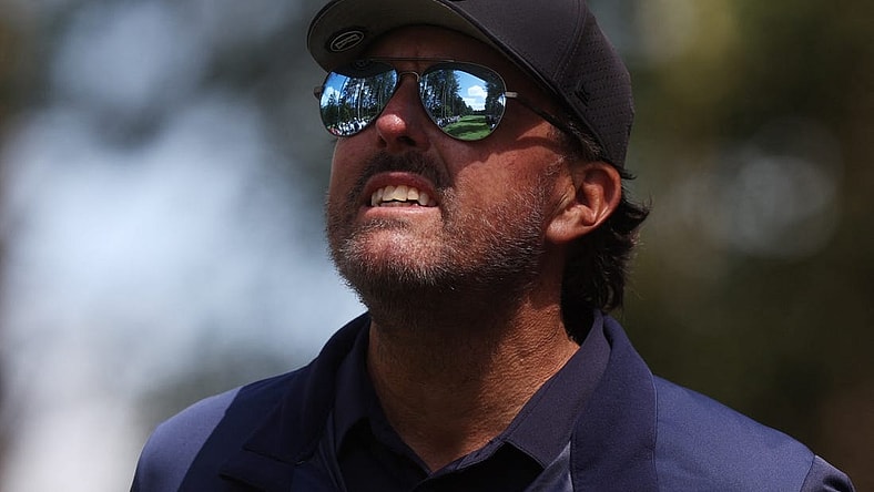 June 10, 2022; St. Albans, UK;  The course is reflected in the sunglasses of Phil Mickelson during the second round of the inaugural LIV golf invitational golf tournament at the Centurion Club. Mandatory Credit: Paul Childs-Action Images/Reuters via USA TODAY Sports