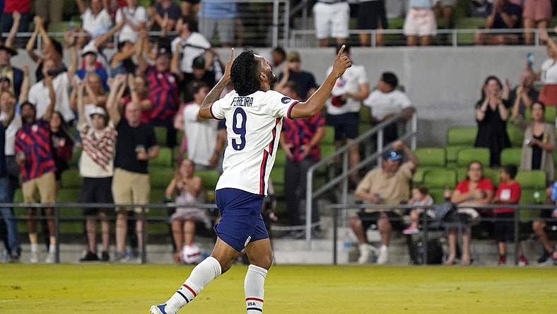 Jun 10, 2022; Austin, Texas, USA; USA forward Jesus Ferreira (9) points to the sky after scoring a goal during a CONCACAF Nations League soccer match against Grenada at Q2 Stadium. Mandatory Credit: Scott Wachter-USA TODAY Sports