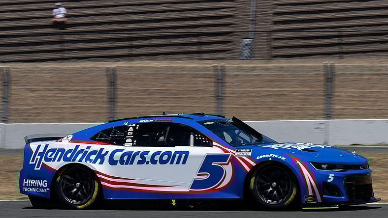 Jun 11, 2022; Sonoma, California, USA;  NASCAR Cup Series driver Kyle Larson (5) practices a day before the race before the start of the NASCAR Truck Series DoorDash 250 at Sonoma Raceway. Mandatory Credit: Stan Szeto-USA TODAY Sports