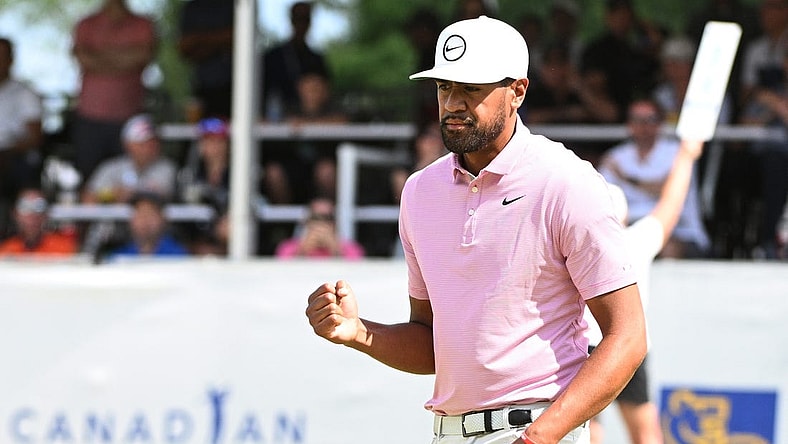Jun 11, 2022; Etobicoke, Ontario, CAN;   Tony Finau hits a reacts on the 18th green during the third round of the RBC Canadian Open golf tournament. Mandatory Credit: Dan Hamilton-USA TODAY Sports