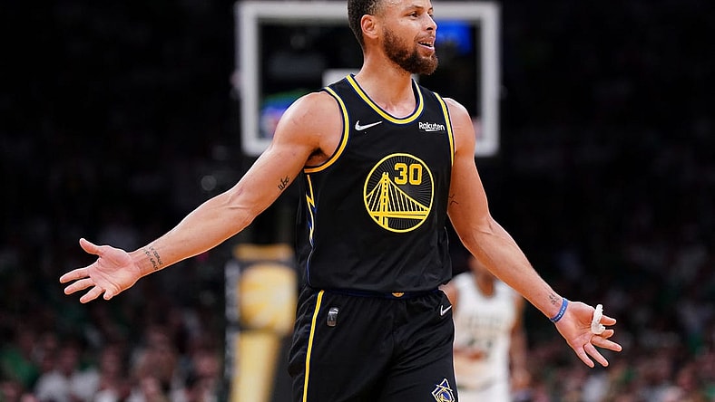 Jun 10, 2022; Boston, Massachusetts, USA; Golden State Warriors guard Stephen Curry (30)  reacts after non-call during the third quarter of game four  against the Boston Celtics in the 2022 NBA Finals at the TD Garden. Mandatory Credit: David Butler II-USA TODAY Sports