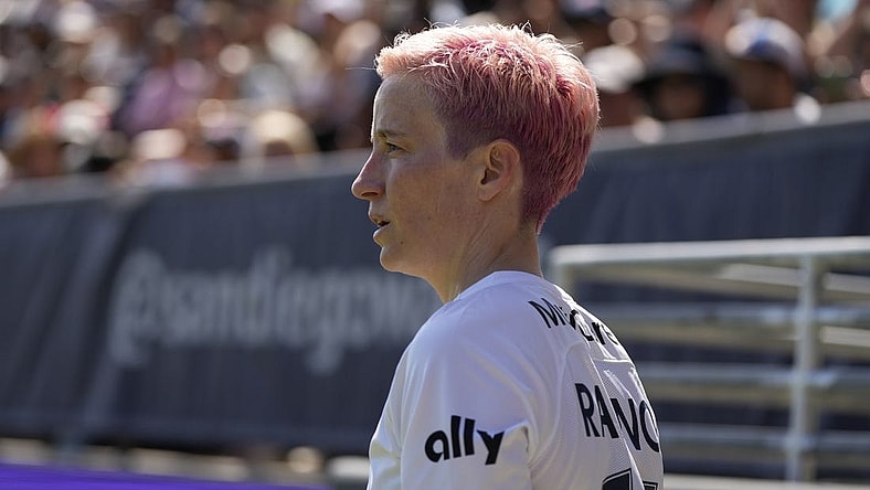 Jun 12, 2022; San Diego, California, USA; OL Reign forward Megan Rapinoe (15) looks on in the second half against the San Diego Wave FC at Torero Stadium. Mandatory Credit: Ray Acevedo-USA TODAY Sports