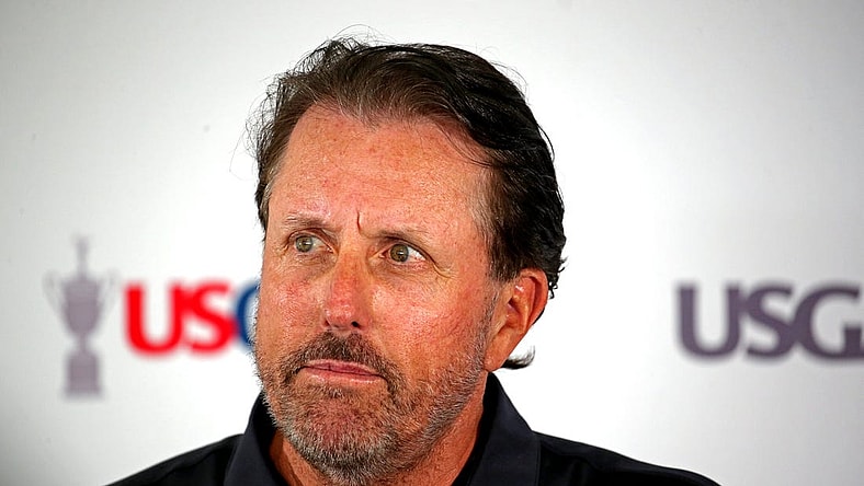 Jun 13, 2022; Brookline, Massachusetts, USA; Phil Mickelson speaks in a press conference during a practice round of the U.S. Open golf tournament at The Country Club. Mandatory Credit: Peter Casey-USA TODAY Sports