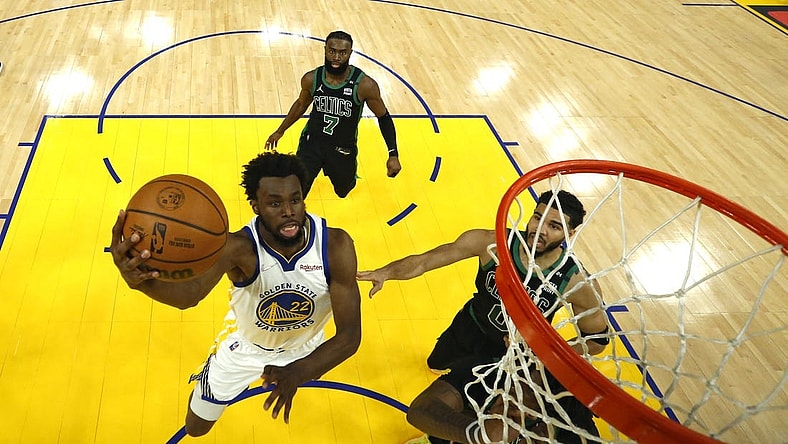 Jun 13, 2022; San Francisco, California, USA; Golden State Warriors forward Andrew Wiggins (22) goes to the basket in game five of the 2022 NBA Finals against the Boston Celtics at Chase Center. Mandatory Credit: Jed Jacobsohn/Pool Photo-USA TODAY Sports