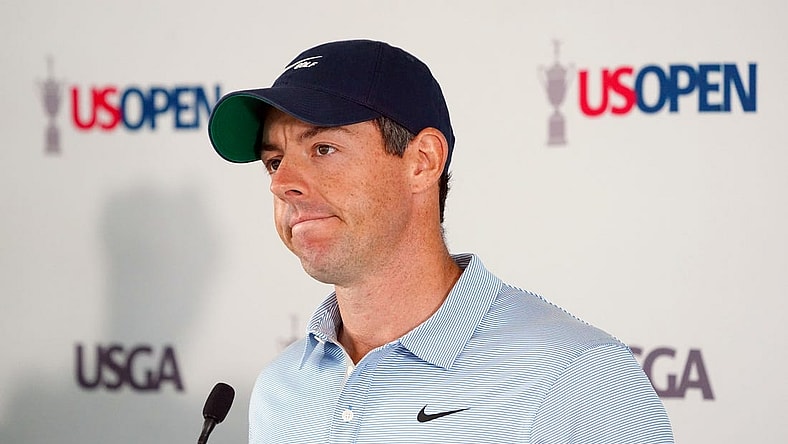 Jun 14, 2022; Brookline, Massachusetts, USA; Rory McIlroy addresses the media during a press conference for the U.S. Open golf tournament at The Country Club. Mandatory Credit: John David Mercer-USA TODAY Sports