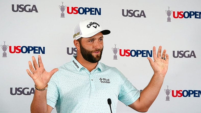Jun 14, 2022; Brookline, Massachusetts, USA; Jon Rahm addresses the media during a press conference for the U.S. Open golf tournament at The Country Club. Mandatory Credit: John David Mercer-USA TODAY Sports