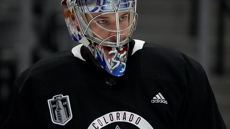 Jun 14, 2022; Denver, Colorado, USA; Colorado Avalanche goaltender Darcy Kuemper (35) during media day for the 2022 Stanley Cup Final at Ball Arena. Mandatory Credit: Ron Chenoy-USA TODAY Sports