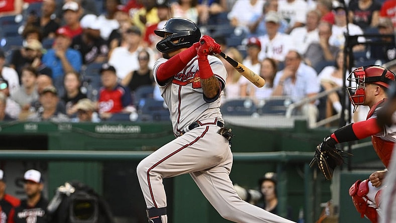 Jun 14, 2022; Washington, District of Columbia, USA; Atlanta Braves second baseman Orlando Arcia (11) this an RBI sacrifice fly against the Washington Nationals during the second inning at Nationals Park. Mandatory Credit: Brad Mills-USA TODAY Sports