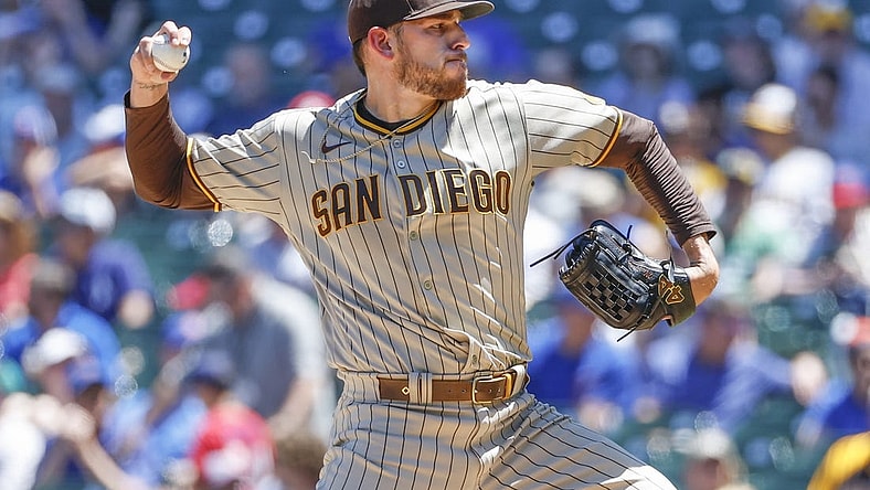 Jun 16, 2022; Chicago, Illinois, USA; San Diego Padres starting pitcher Joe Musgrove (44) delivers against the Chicago Cubs during the first inning at Wrigley Field. Mandatory Credit: Kamil Krzaczynski-USA TODAY Sports