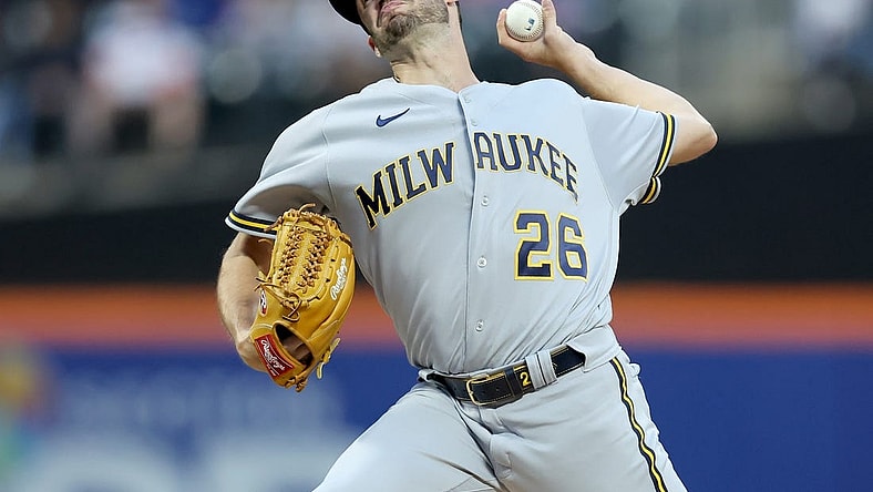 Jun 16, 2022; New York City, New York, USA; Milwaukee Brewers relief pitcher Aaron Ashby (26) pitches against the New York Mets during the first inning at Citi Field. Mandatory Credit: Brad Penner-USA TODAY Sports