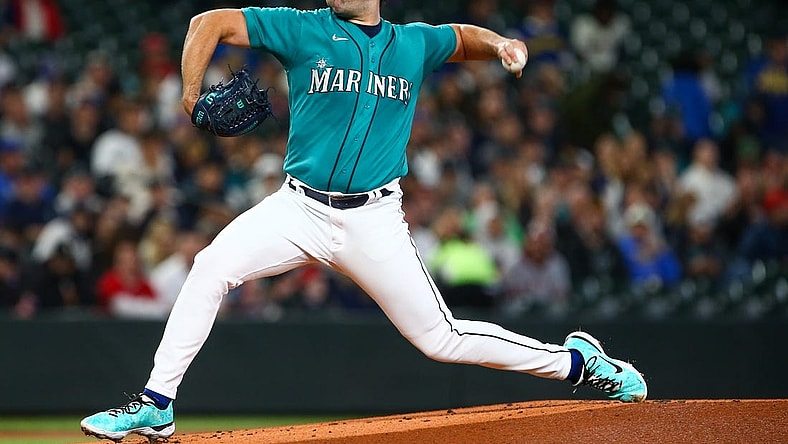 Jun 17, 2022; Seattle, Washington, USA; Seattle Mariners starting pitcher Robbie Ray (38) pitches against the Los Angeles Angels during the first inning at T-Mobile Park. Mandatory Credit: Lindsey Wasson-USA TODAY Sports