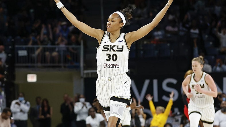 Jun 17, 2022; Chicago, Illinois, USA; Chicago Sky forward Azura Stevens (30) reacts after scoring against the Atlanta Dream during overtime of a WNBA game at Wintrust Arena. Mandatory Credit: Kamil Krzaczynski-USA TODAY Sports