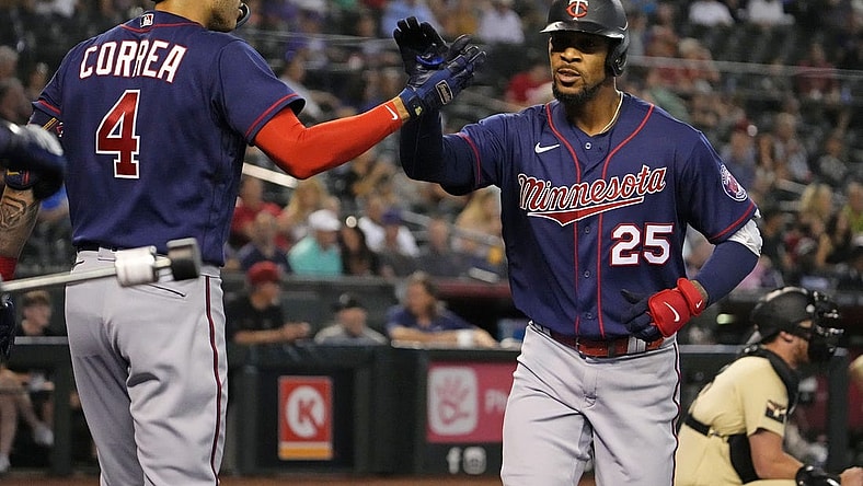 Jun 17, 2022; Phoenix, Arizona, USA; Minnesota Twins center fielder Byron Buxton (25) reacts after hitting a home run off Arizona Diamondbacks starting pitcher Madison Bumgarner in the first inning at Chase Field.

Mlb Minnesota Twins At Arizona Diamondbacks