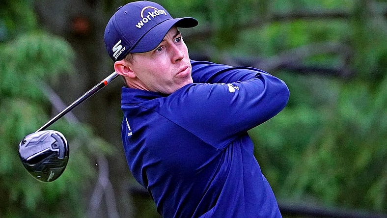 Jun 18, 2022; Brookline, Massachusetts, USA; Matthew Fitzpatrick plays his shot from the 17th tee during the third round of the U.S. Open golf tournament. Mandatory Credit: Peter Casey-USA TODAY Sports