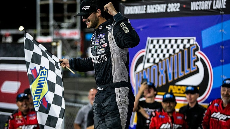 NASCAR Camping World Truck Series driver Todd Gilliland (17) celebrates after winning the Clean Harbors 150 presented by Premier Chevy Dealers, Saturday, June 18, 2022, at Knoxville Raceway in Knoxville, Iowa.

220618 Nascar Trucks Ia 010 Jpg