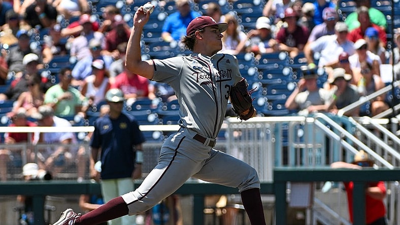 Jun 21, 2022; Omaha, NE, USA;  Texas A&M Aggies pitcher Nathan Dettmer (35) throws against the Notre Dame Fighting Irish in the first inning at Charles Schwab Field. Mandatory Credit: Steven Branscombe-USA TODAY Sports