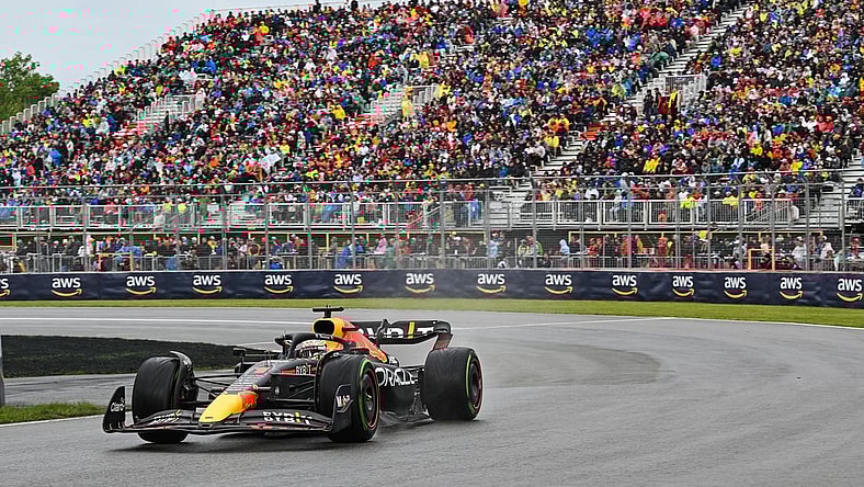Jun 18, 2022; Montreal, Quebec, CAN; Red Bull Racing driver Max Verstappen of The Netherlands exits the senna turns during the qualifying session at Circuit Gilles Villeneuve. Mandatory Credit: David Kirouac-USA TODAY Sports