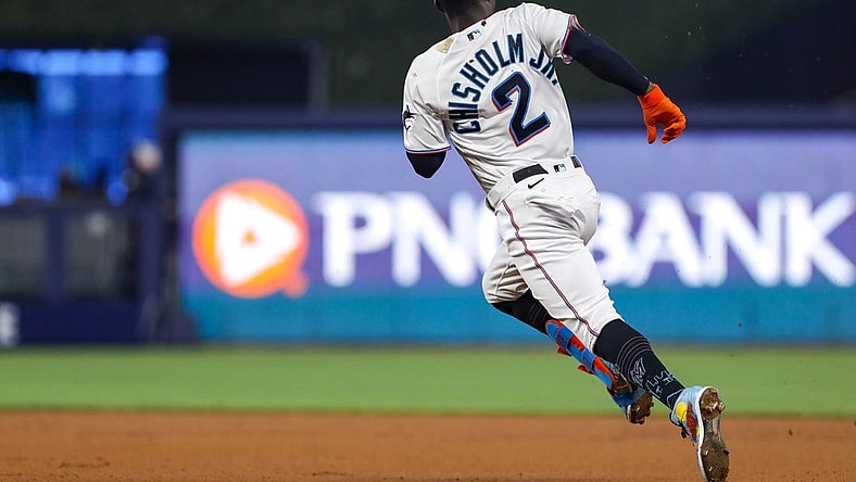 Jun 23, 2022; Miami, Florida, USA; Miami Marlins second baseman Jazz Chisholm Jr. (2) runs after hitting a double during the first inning against the Colorado Rockies at loanDepot Park. Mandatory Credit: Sam Navarro-USA TODAY Sports