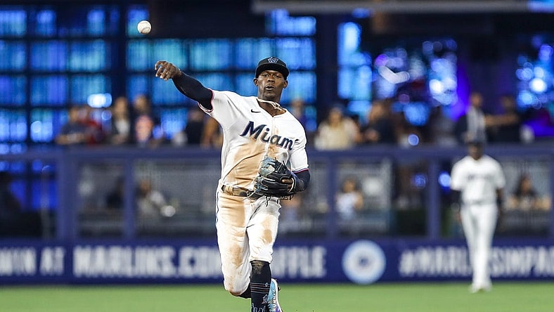 Jun 23, 2022; Miami, Florida, USA; Miami Marlins second baseman Jazz Chisholm Jr. (2) throws to first base to retire Colorado Rockies designated hitter C.J. Cron (not pictured) during the fifth inning at loanDepot Park. Mandatory Credit: Sam Navarro-USA TODAY Sports