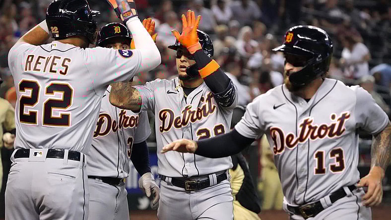 Jun 24, 2022; Phoenix, Arizona, USA; Detroit Tigers shortstop Javier Baez (28) celebrates with teammates after hitting a grand run against the Arizona Diamondbacks during the third inning at Chase Field. Mandatory Credit: Joe Camporeale-USA TODAY Sports