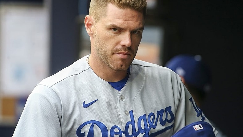 Jun 26, 2022; Atlanta, Georgia, USA; Los Angeles Dodgers first baseman Freddie Freeman (5) in the dugout before a game against the Atlanta Braves at Truist Park. Mandatory Credit: Brett Davis-USA TODAY Sports