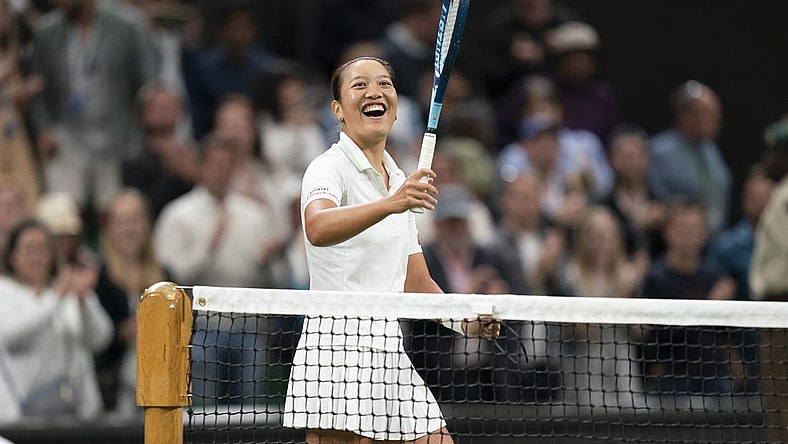 Jun 28, 2022; London, United Kingdom; Harmony Tan (FRA) celebrates winning her first round match against Serena Williams on day two at All England Lawn Tennis and Croquet Club. Mandatory Credit: Susan Mullane-USA TODAY Sports