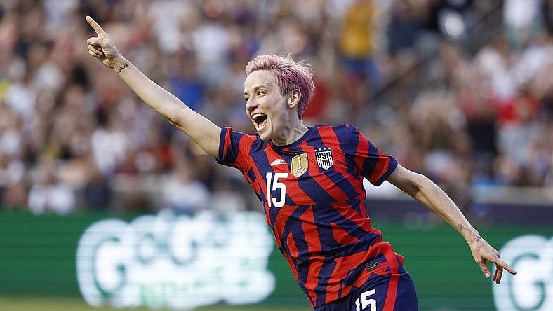 Jun 28, 2022; Sandy, Utah, USA; USA forward Megan Rapinoe (15) reacts after a first half goal against the Columbia during an international friendly soccer matc at Rio Tinto Stadium. Mandatory Credit: Jeffrey Swinger-USA TODAY Sports
