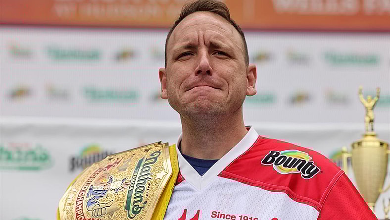 Nathan's Famous Fourth of July International Hot Dog-Eating Contest contestant Joey Chestnut poses at the official weigh-in ceremony in the Manhattan borough of New York City, New York, U.S., July 2, 2021. REUTERS/Angus Mordant