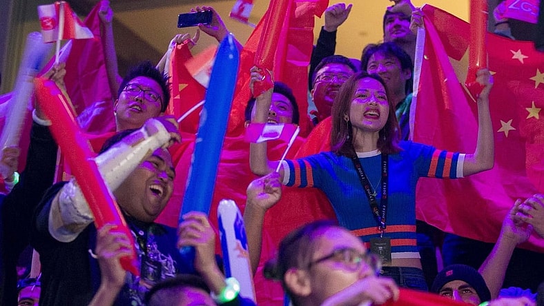 Aug 25, 2018; Vancouver, British Columbia, CAN; Fans watch as Team Evil Geniuses  plays Team LGD in the lower bracket final of the International Dota 2 Championships at Rogers Arena in Vancouver.  The championships are eSports largest annual tournament with approximately $25 million U.S. in prize money to be awarded.  Dota 2 is a free 10-player online video game with two teams of players from all over the world competing against one another in each game. Mandatory Credit: Bob Frid-USA TODAY Sports