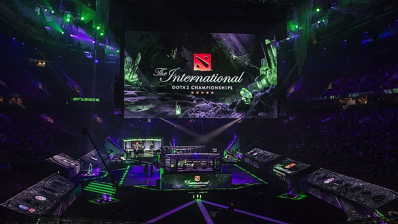 Aug 25, 2018; Vancouver, British Columbia, CAN; Fans watch as Team Evil Geniuses  plays Team LGD in the lower bracket final of the International Dota 2 Championships at Rogers Arena in Vancouver.  The championships are eSports largest annual tournament with approximately $25 million U.S. in prize money to be awarded.  Dota 2 is a free 10-player online video game with two teams of players from all over the world competing against one another in each game. Mandatory Credit: Bob Frid-USA TODAY Sports