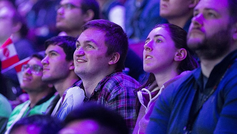 Aug 25, 2018; Vancouver, British Columbia, CAN; Fans watch as Team Evil Geniuses  plays Team LGD in the lower bracket final of the International Dota 2 Championships at Rogers Arena in Vancouver.  The championships are eSports largest annual tournament with approximately $25 million U.S. in prize money to be awarded.  Dota 2 is a free 10-player online video game with two teams of players from all over the world competing against one another in each game. Mandatory Credit: Bob Frid-USA TODAY Sports